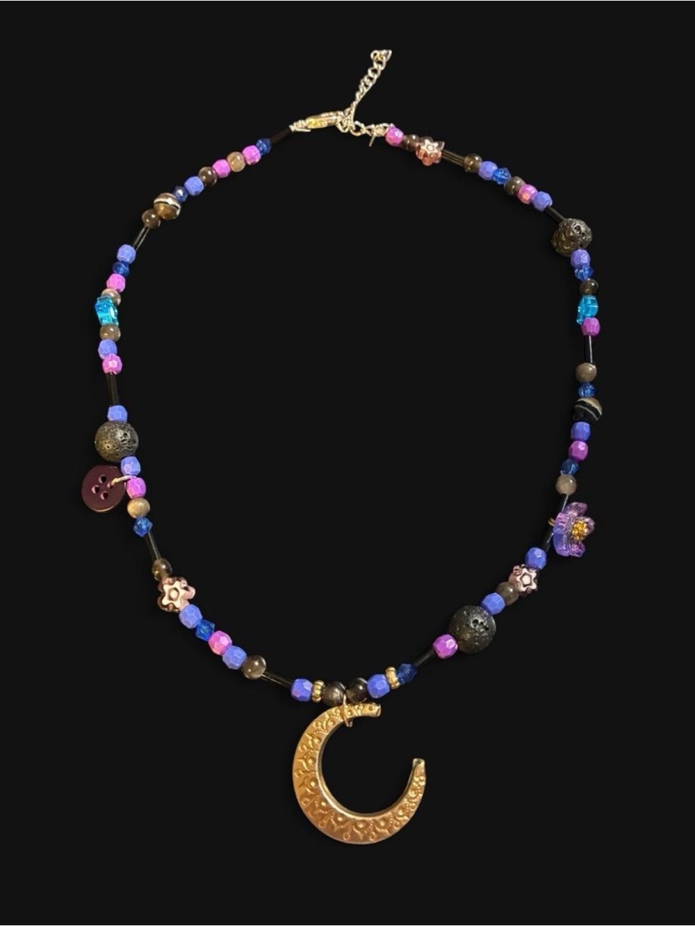 Gold Crescent Pendant Beaded Necklace - Purple & Blue